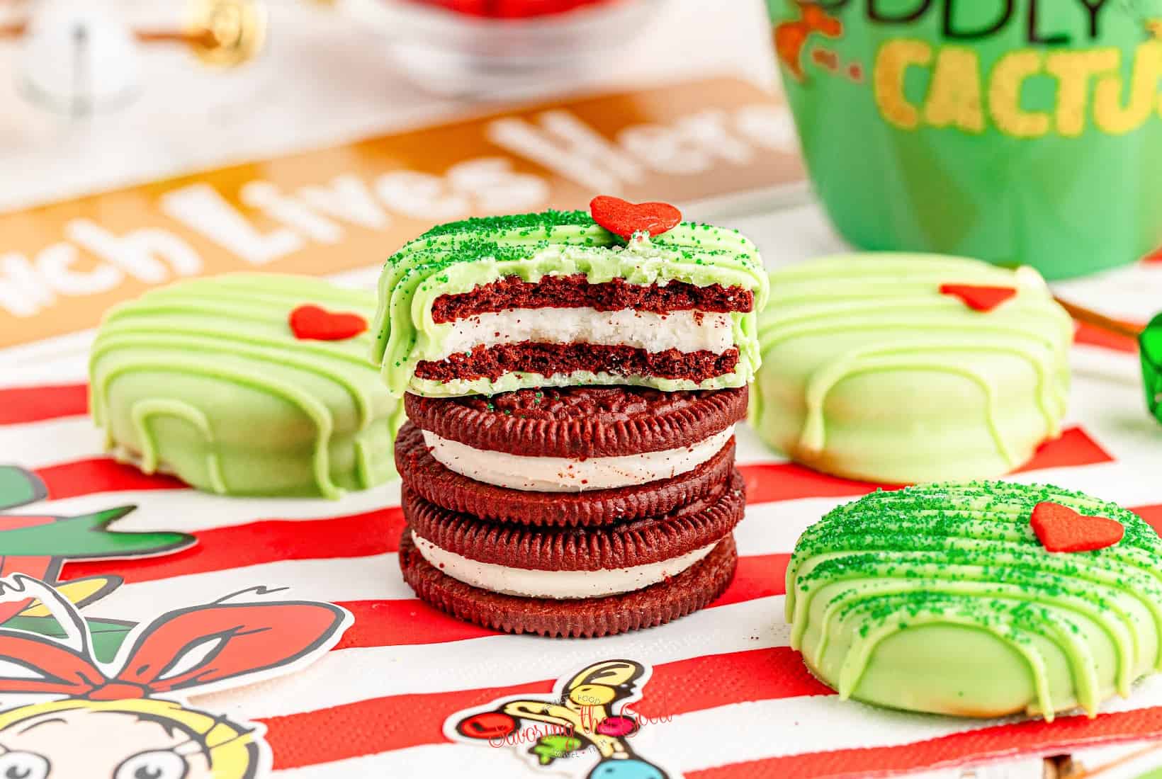 Grinch-inspired Oreo cookies with a green frosting.