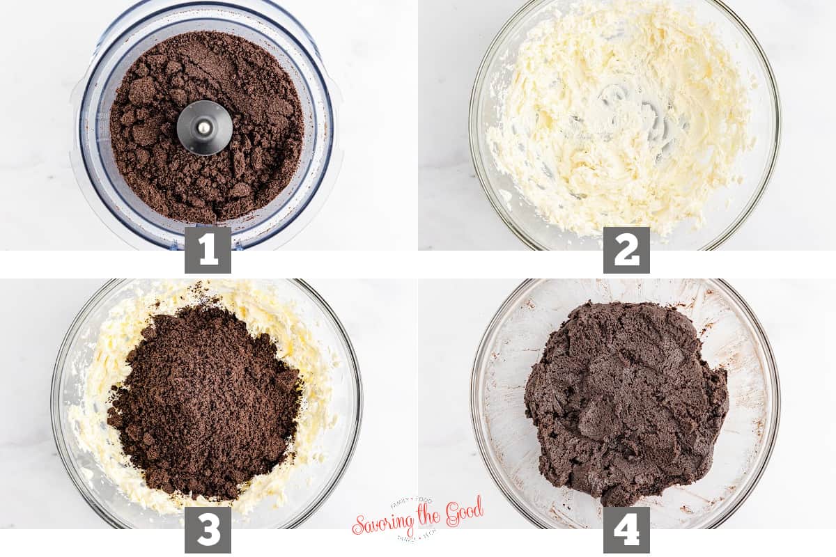 Four stages of making oreo balls in a food processor.