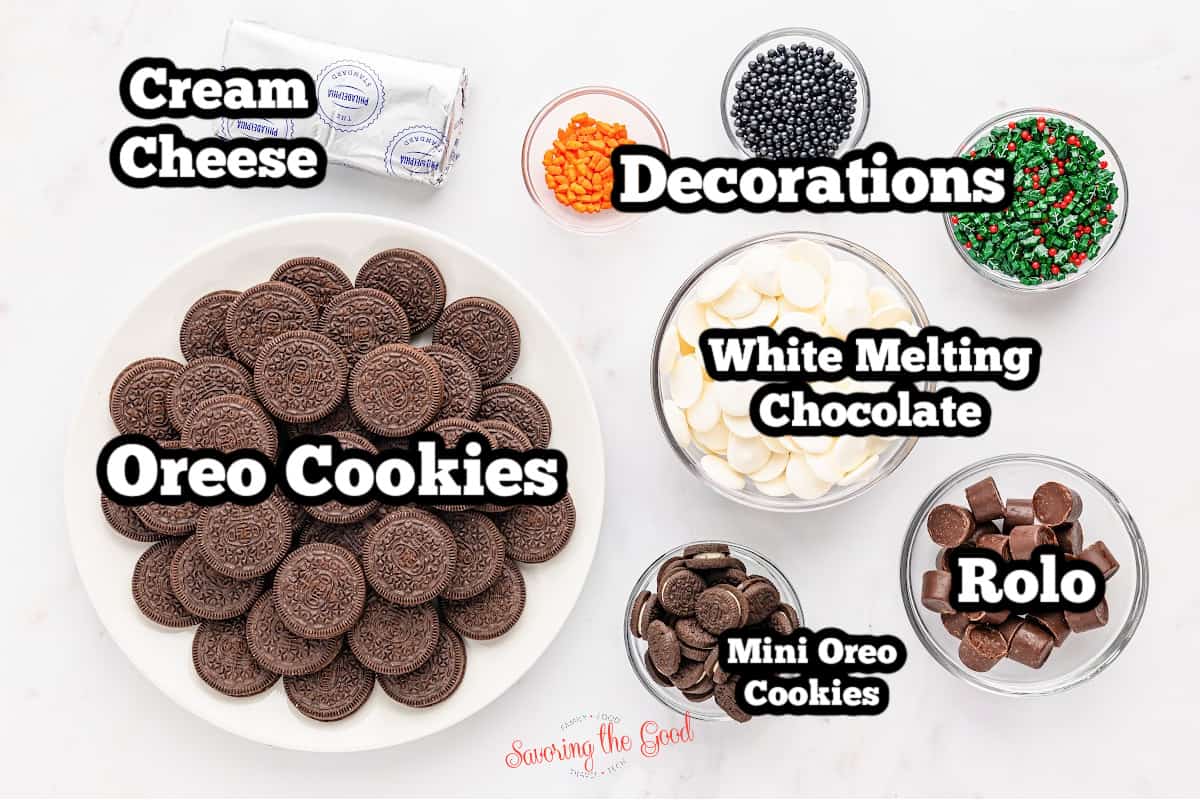 Oreo cookie ingredients arranged on a white plate.