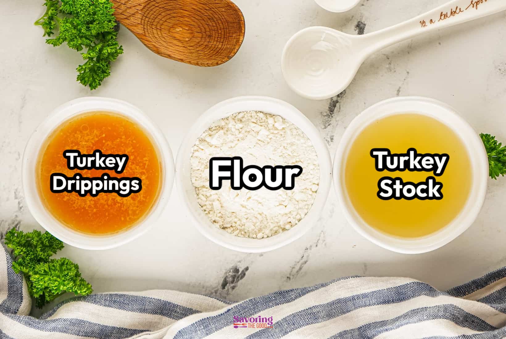 Turkey gravy made from drippings, flour, stock, and seasonings in bowls.