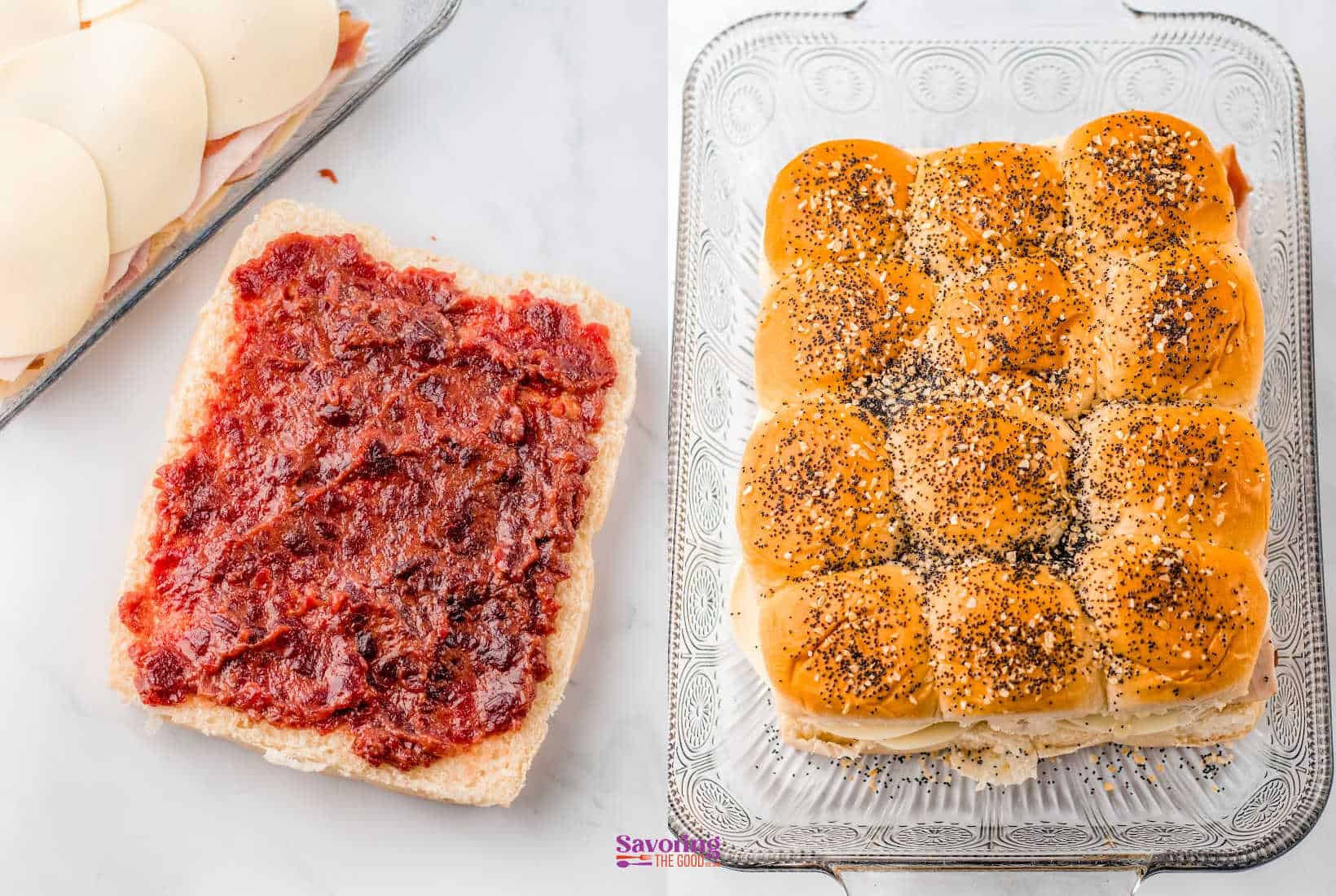 adding cranberry sauce and the top of the rolls to the turkey hawaiian roll sliders before baking.