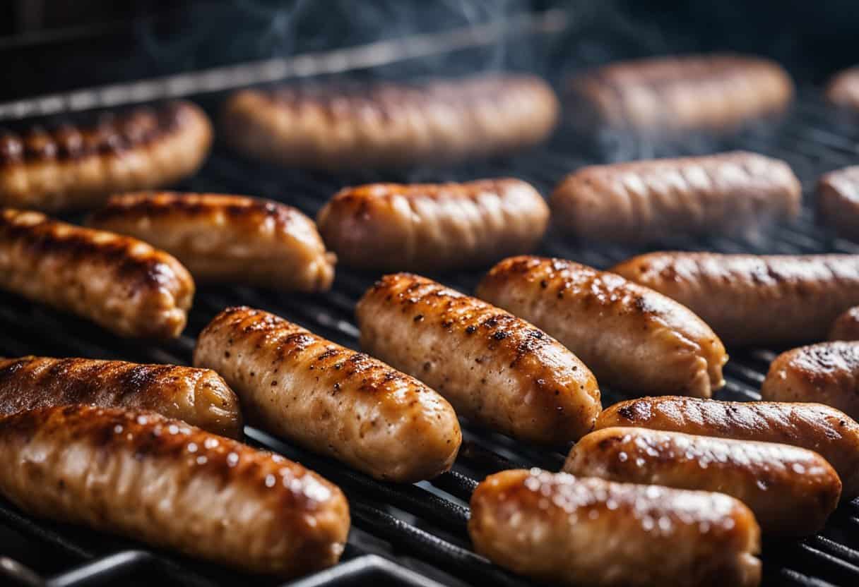 sausages on the grill with smoke.