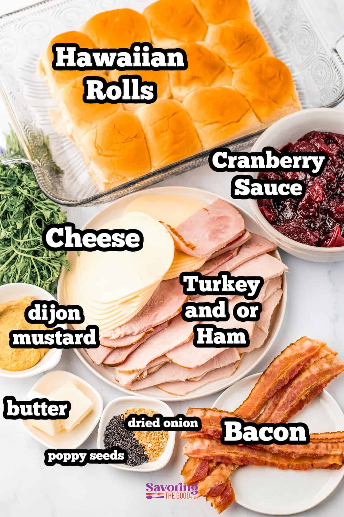 ingredients for turkey hawaiian roll sliders with text labeling each one. rolls, cheese, turkey, cranberry sauce, dijon etc.