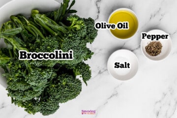 Air fryer broccolini ingredients olive oil, salt, and pepper in a bowl.