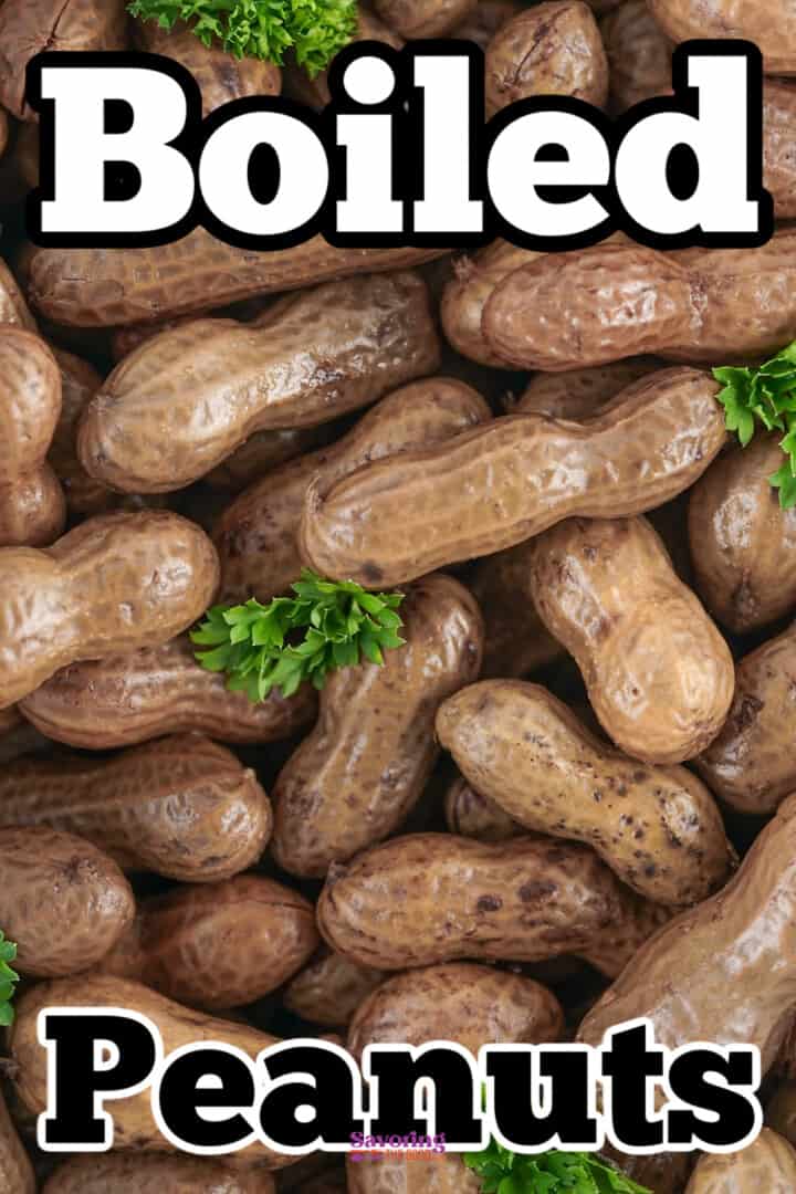 A pile of boiled peanuts with the words boiled peanuts.
