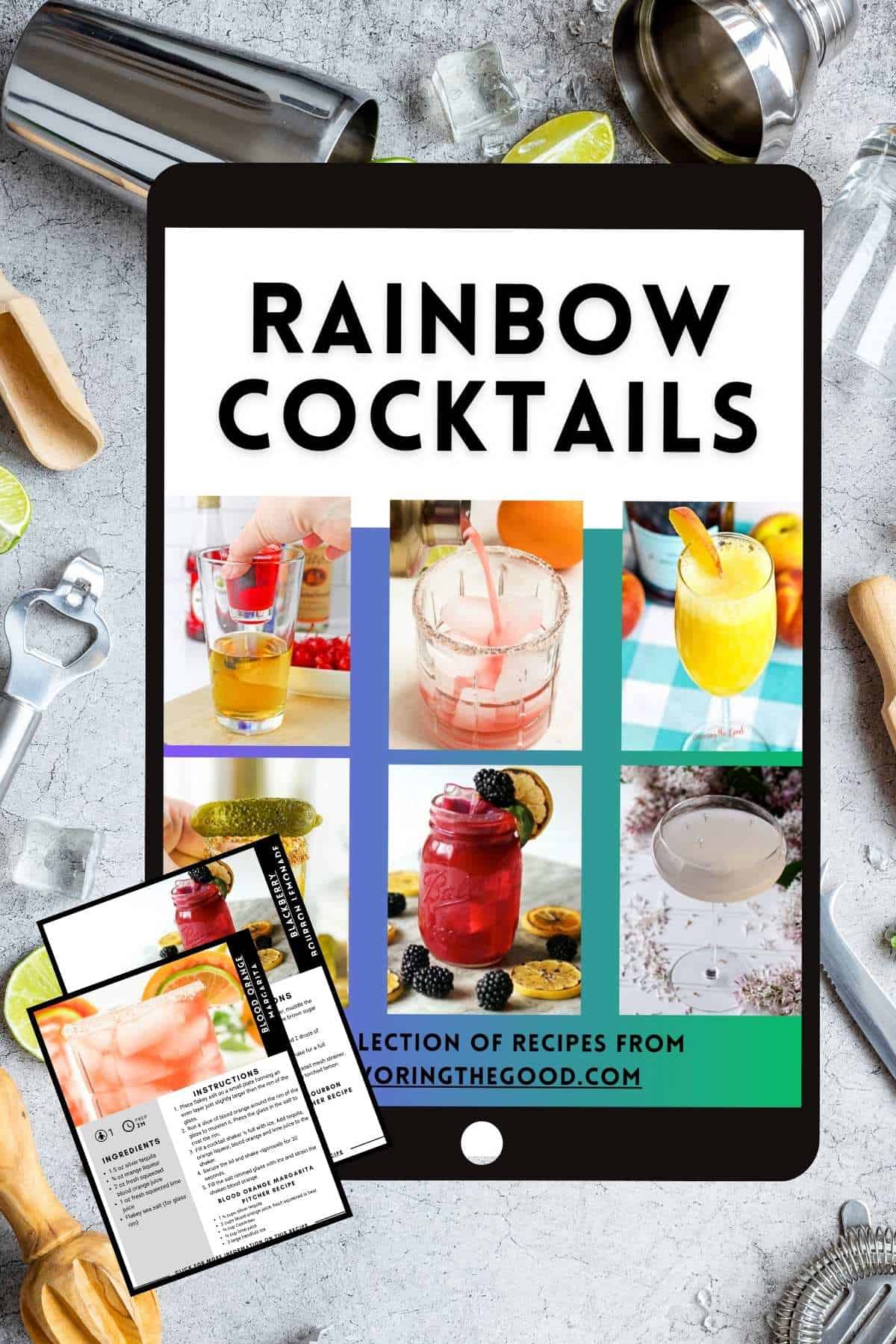 A vibrant collection of images showcasing colorful rainbow cocktails.