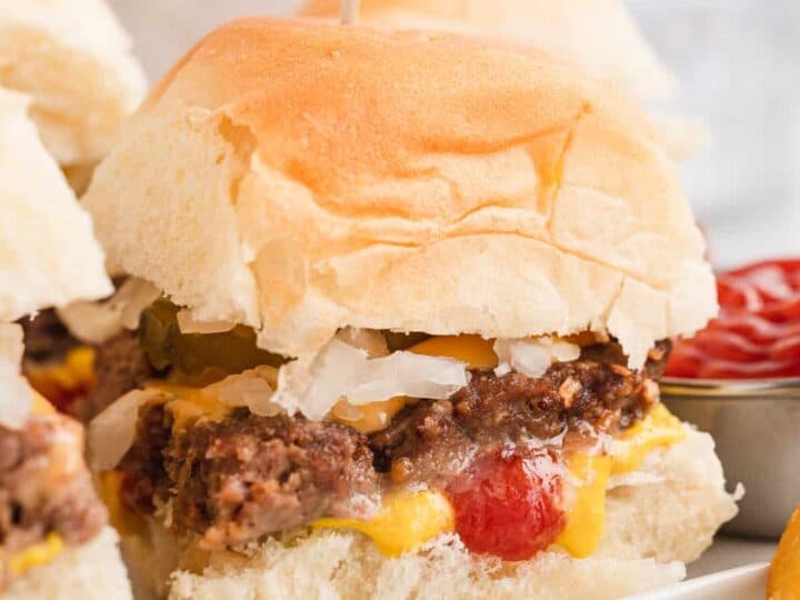 Hamburger sliders on a white plate with fries.
