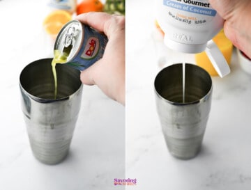 Pouring liquids into a metal cup: on the left, lime juice from a can, and on the right, cream of coconut from a bottle.