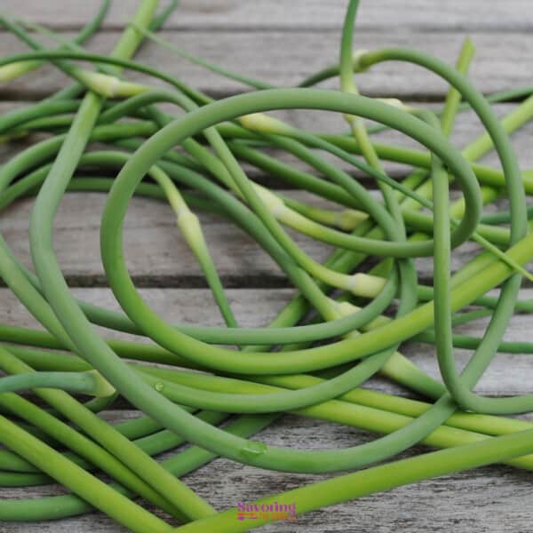 pile of curly garlic scapes.