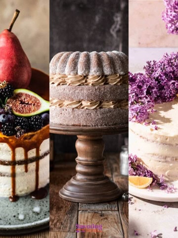 Three gourmet cakes on stands: a fruit-topped cake with a pear and berries, a bundt cake with cream, and a layered lemon cake with floral decorations.