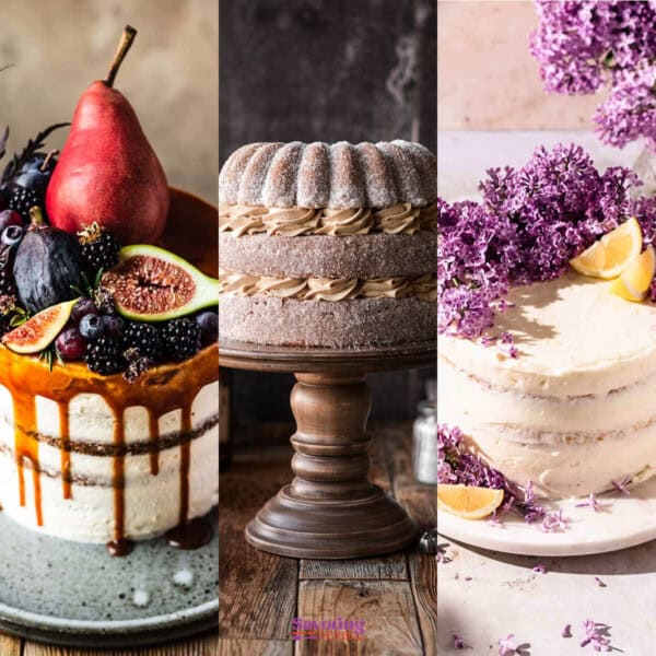 Three gourmet cakes on stands: a fruit-topped cake with a pear and berries, a bundt cake with cream, and a layered lemon cake with floral decorations.