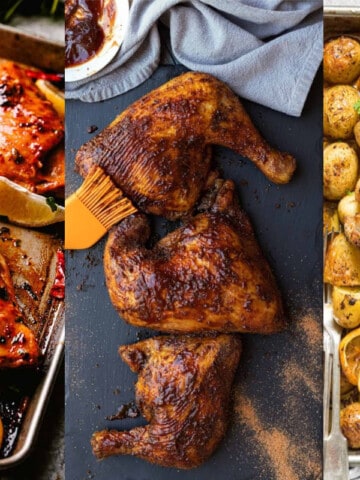 Three different styles of cooking chicken leg quarter recipes are presented side by side.