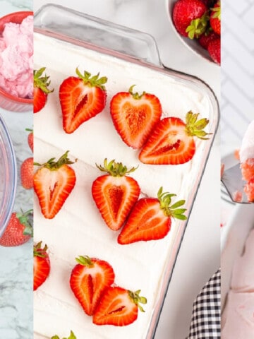 Three different strawberry desserts: strawberry ice cream, strawberry topped cake, and strawberry layered cream dessert.