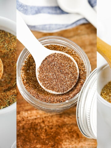 Three close-up images of different spices in jars with wooden spoons, showcasing textures and colors.