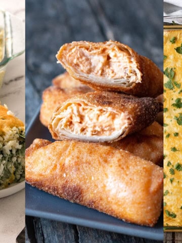 Three dishes displayed: a spinach casserole on the left, fried rotisserie chicken rolls in the center, and a cheese-topped casserole on the right, garnished with herbs.