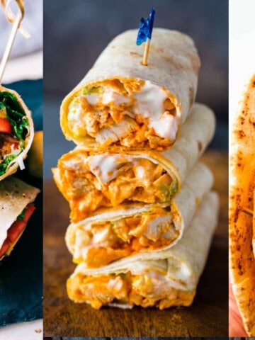 Three different wraps perfect for lunch: a vegetable wrap with spinach, chicken wraps cut in half showing filling, and a kebab wrap with slaw and sauce.