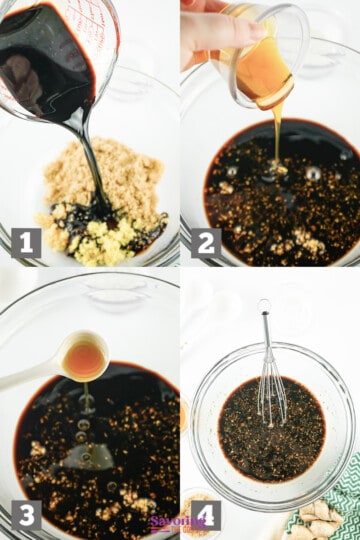 Step-by-step preparation of Teriyaki Sauce with various ingredients being poured and whisked together in a bowl.