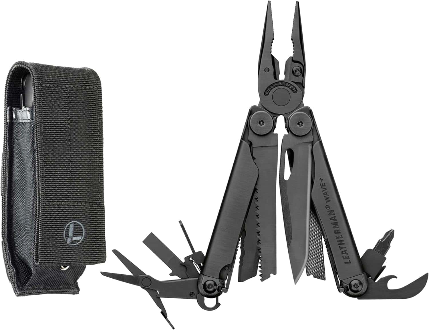 A black multitool with various extended tools next to a matching black fabric carrying caseโperfect for Fatherโs Day gifts.