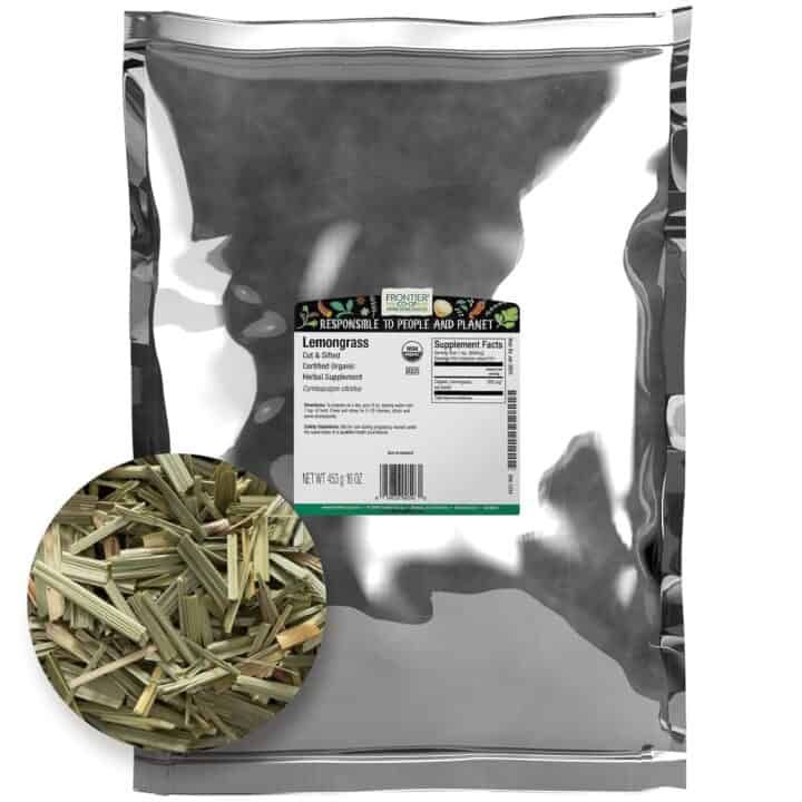 A silver foil bag labeled "Lemongrass" features a circular cutout displaying dried lemongrass stalks, perfect for those seeking a fragrant lemongrass substitute in culinary creations.
