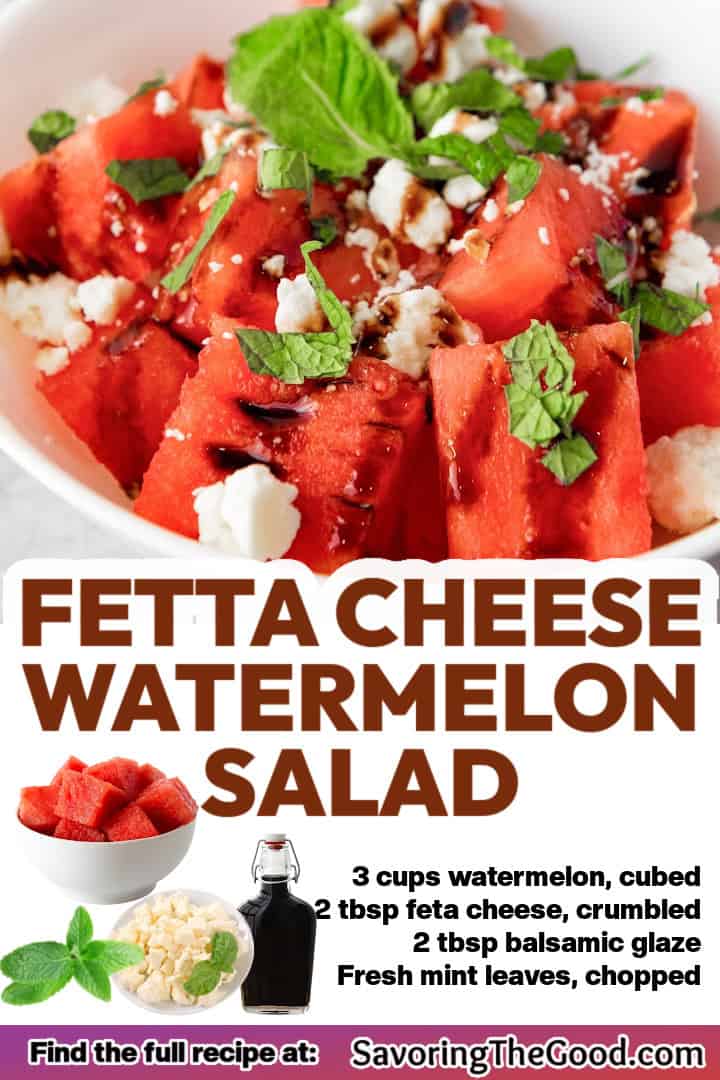 A bowl of watermelon, feta cheese, and mint leaves with balsamic glaze. Text overlay lists the ingredients and directs viewers to a website for the full recipe.