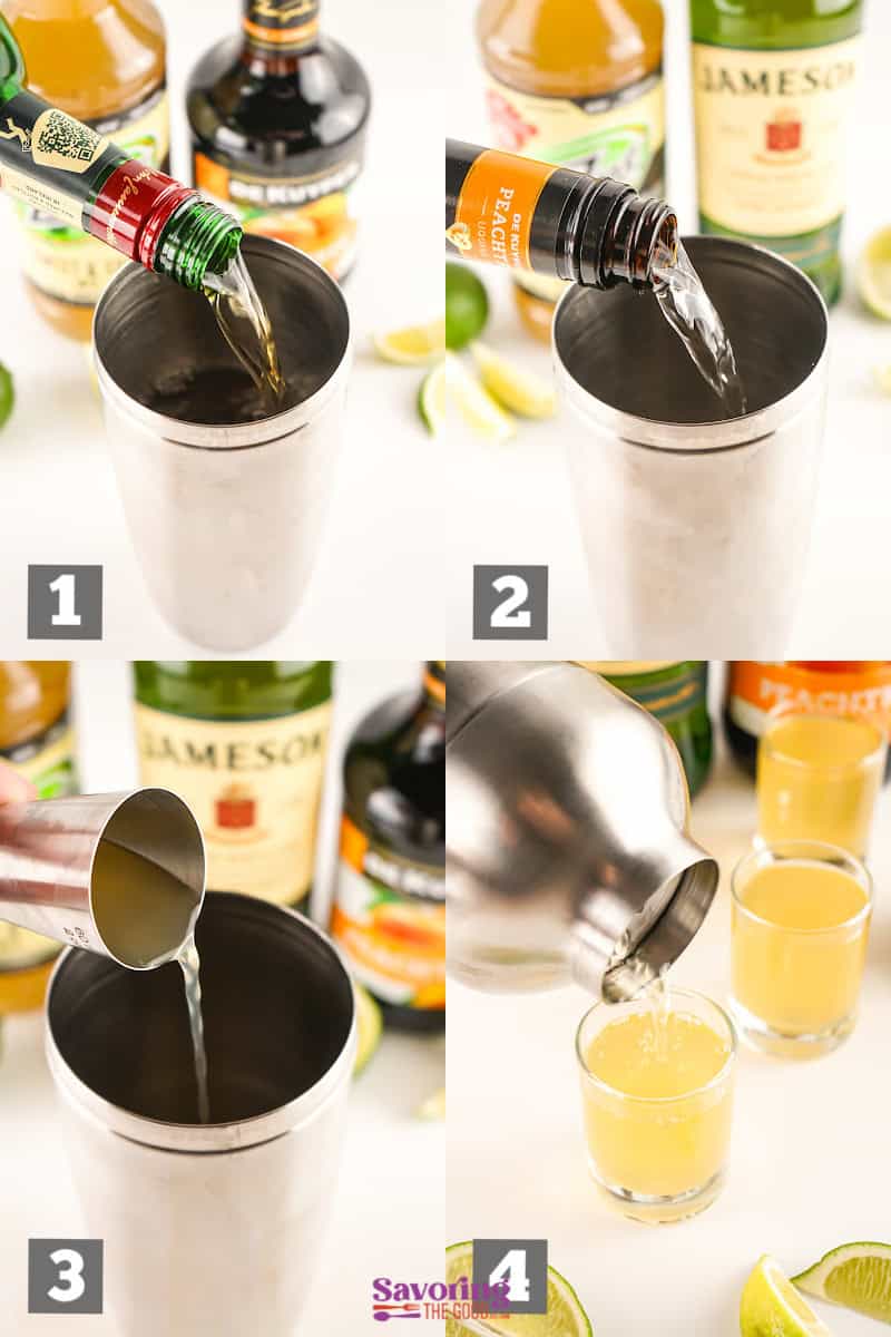 A step-by-step photo collage showing the making of a cocktail: pouring liquor into a shaker (1 and 2), adding ice (3), and shaking and pouring the mixture into shot glasses (4).
