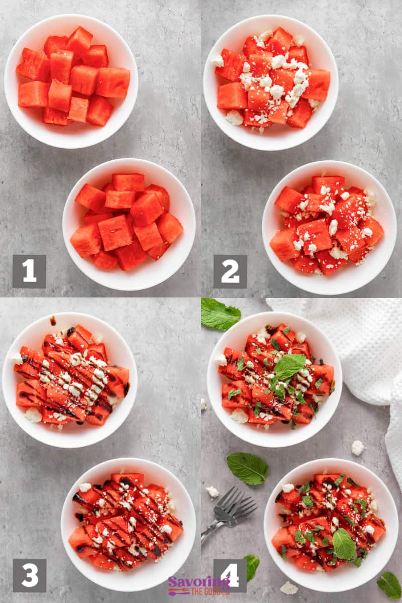 A step-by-step process of making a watermelon salad in four stages: diced watermelon, adding cheese, drizzling balsamic glaze, and garnishing with mint leaves.