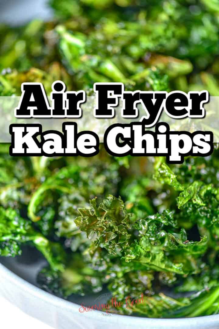 Close-up of crispy kale chips with the text "Delicious Air Fryer Kale Chips" written prominently in bold across the center of the image.