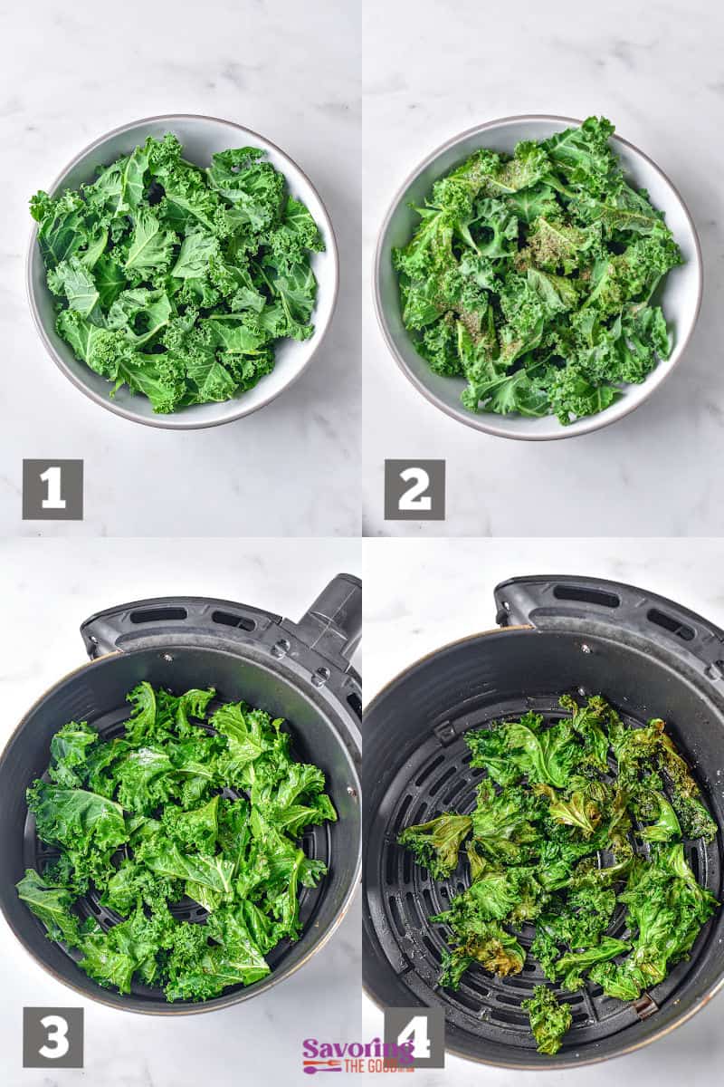A four-step process of making air fried kale chips: 1. Fresh kale in a bowl. 2. Seasoned kale with oil and spices. 3. Kale in an air fryer. 4. Crispy, cooked air fried kale chips in the air fryer basket.