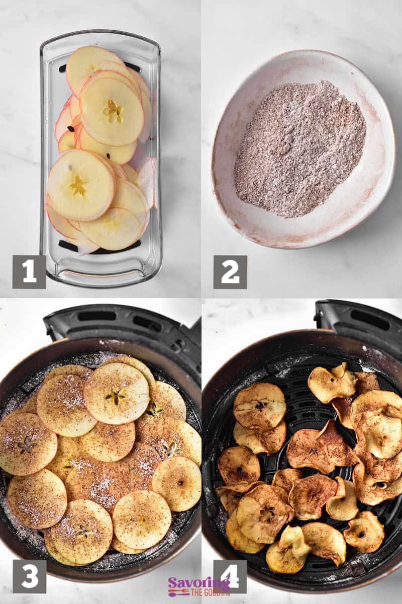 Four steps to make air fried apple chips: 1) Slice apples thinly in a mandoline slicer. 2) Mix cinnamon and sugar in a bowl. 3) Sprinkle apple slices with cinnamon sugar before air frying. 4) Enjoy your perfectly crisp, air fried apple chips.
