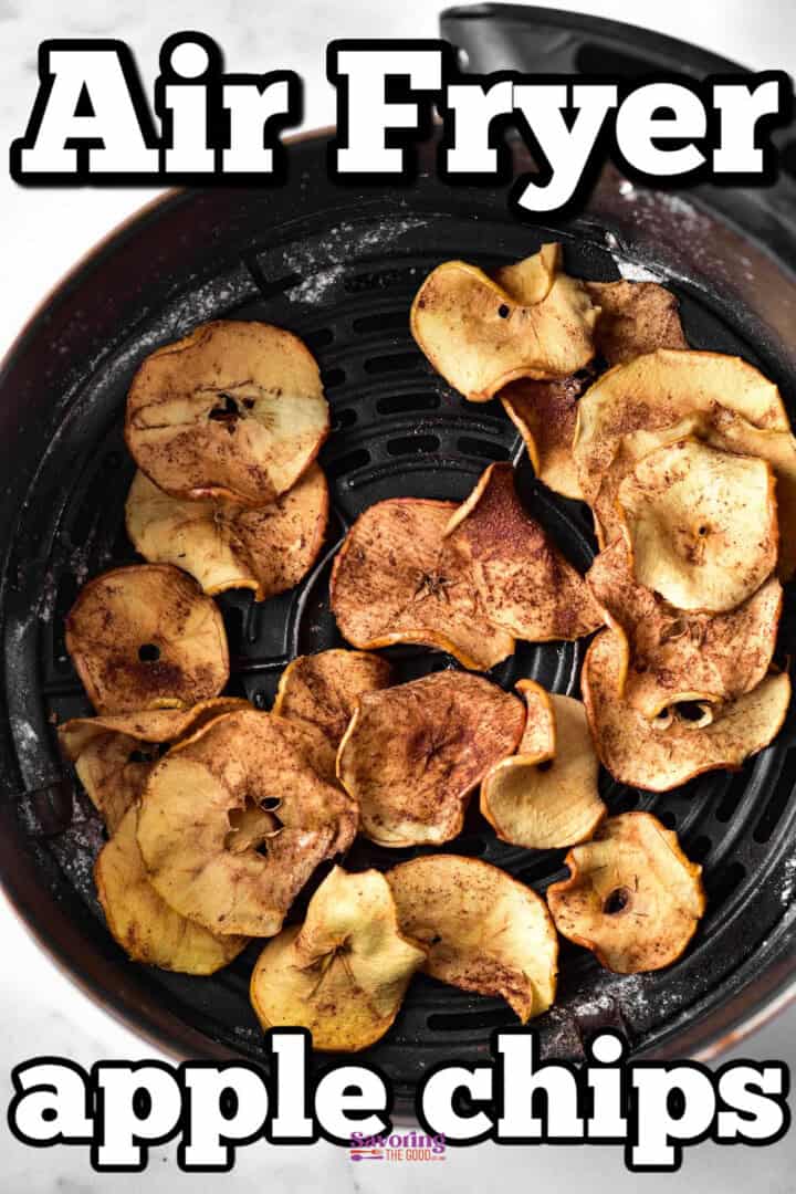 An air fryer basket filled with apple chips. Text reads "Air Fryer apple chips.