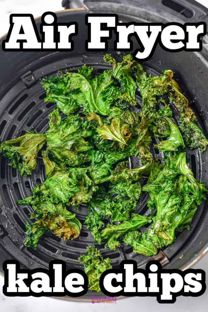 A close-up of crispy kale chips in an air fryer basket, with the text "Air Fryer kale chips" displayed prominently at the top and bottom of the image.