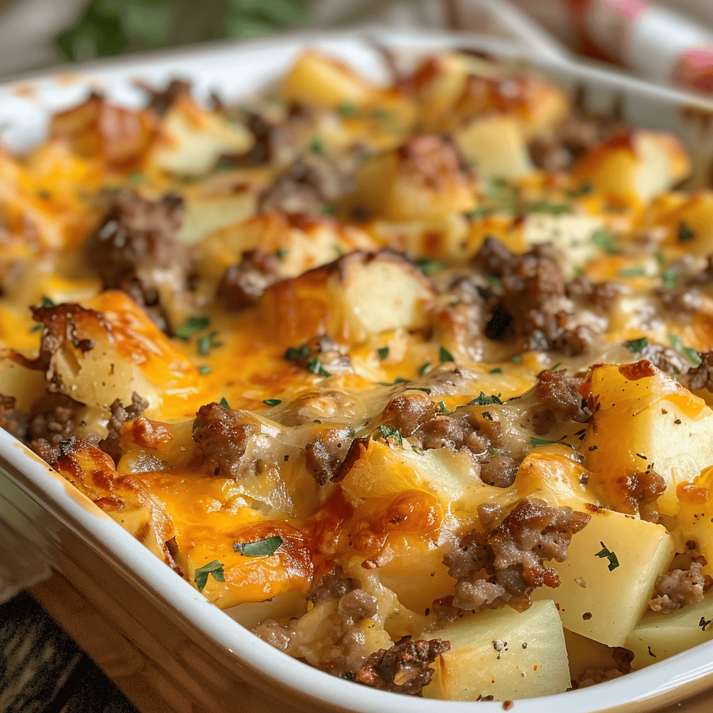 A baked casserole dish filled with diced potatoes, ground meat, melted cheese, and garnished with chopped herbs is a staple among hot dish recipes.