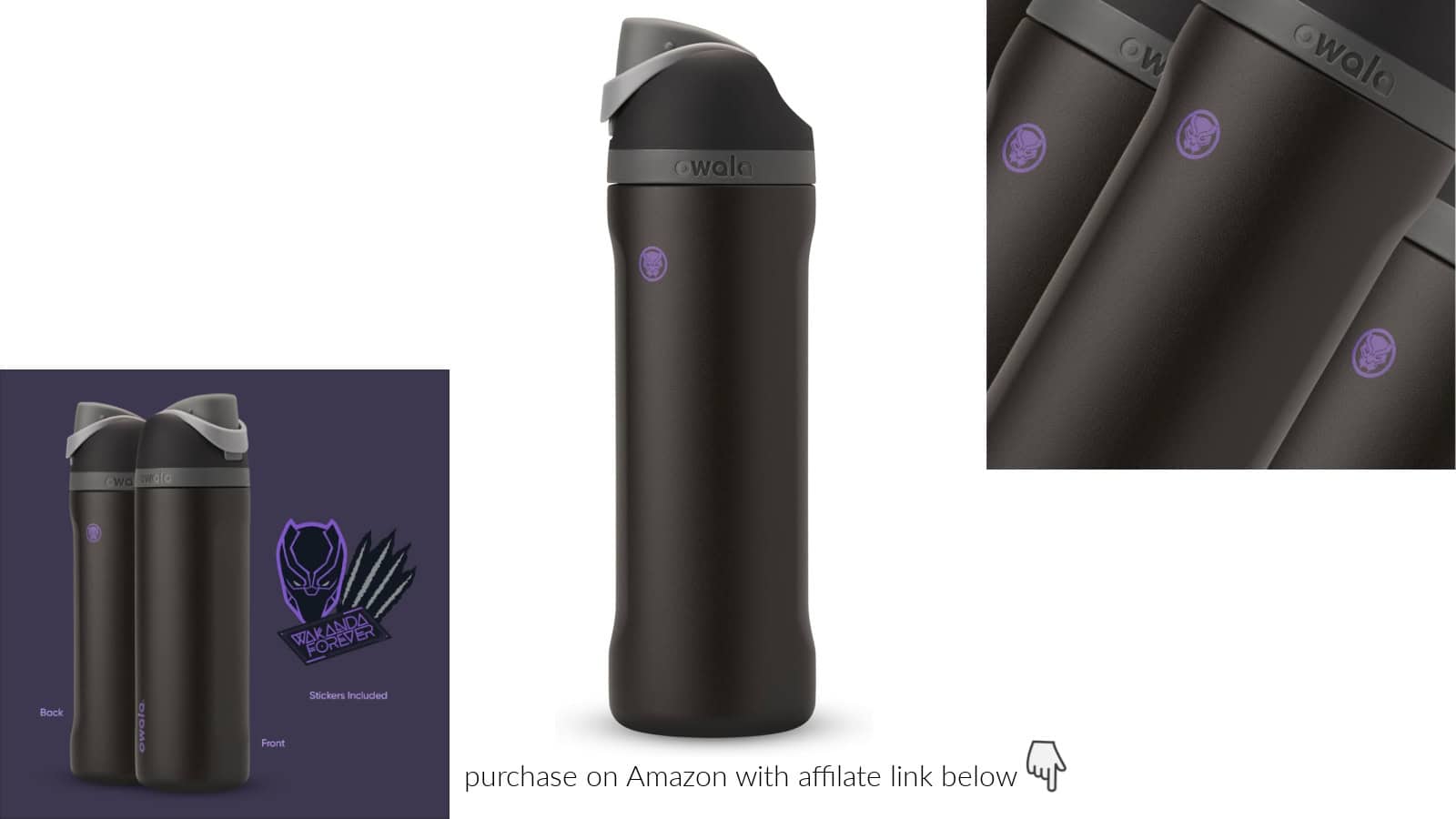 A black water bottle with a gray lid, featuring a purple logo. Close-up shows brand name "Awala" and logo detail. Additional image shows front and back views with a "Panther Power" sticker.