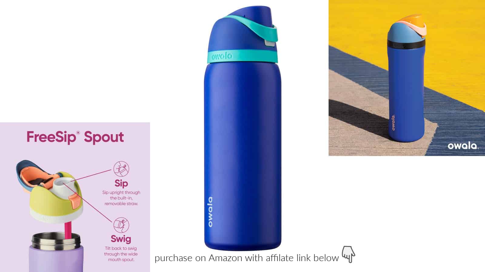 Image of a blue Owala water bottle with a contrasting lid. The left panel shows instructions for the FreeSip spout. The right panel shows the same bottle against a yellow and blue background.