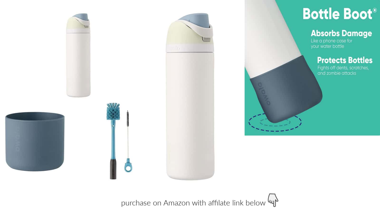 Image of a water bottle with a protective silicone cover, bottle cap, cleaning brush, and small tool. Text on the side reads "Bottle Boot: Absorbs Damage, Protects Bottles." Purchase link below.
