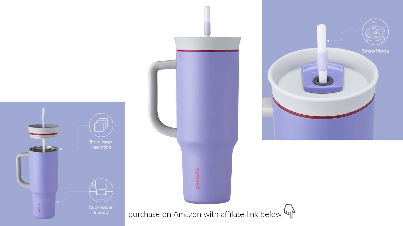 Purple Owala travel mug featuring triple-layer insulation, a built-in straw, and a cup-holder-friendly design. Text overlay reads: "purchase on Amazon with affiliate link below.