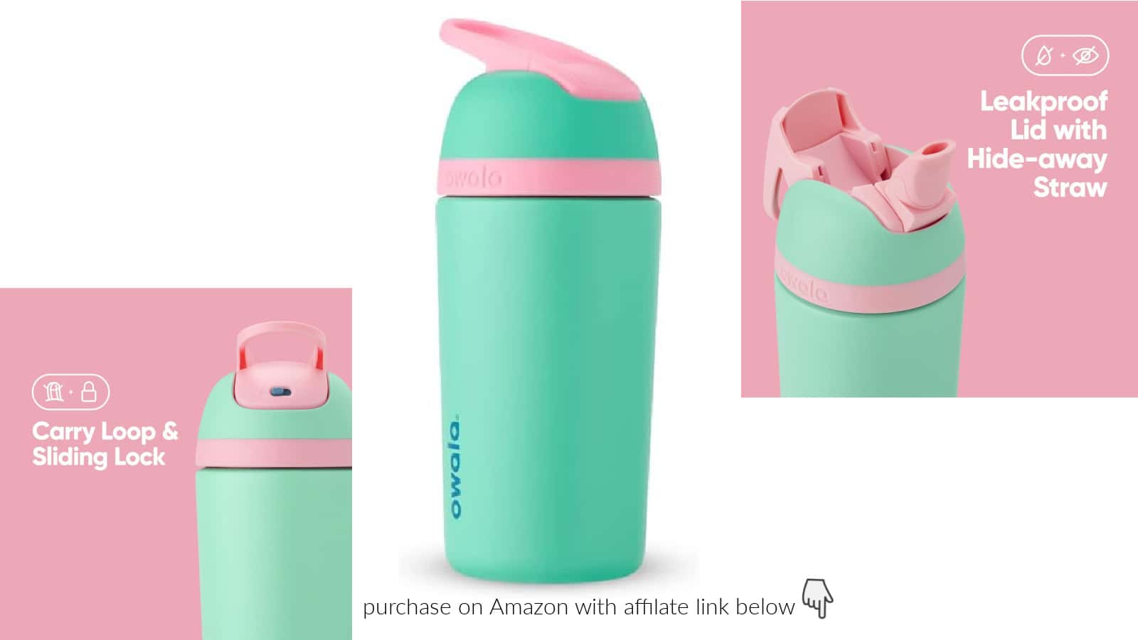 A mint green and pink water bottle with a carry loop, sliding lock, leakproof lid, and hide-away straw.