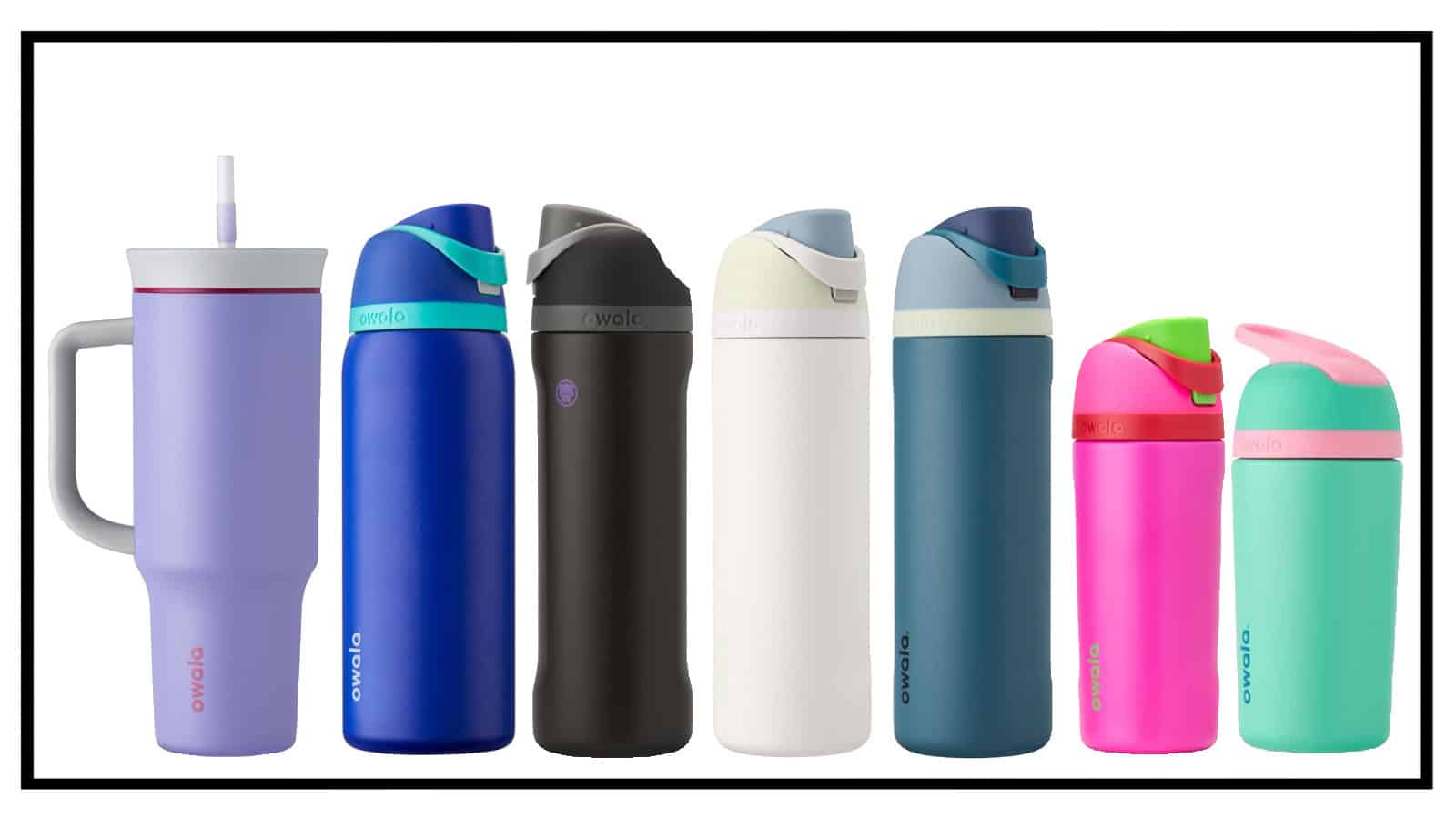 A variety of seven colorful Owala Water Bottles in different shapes and sizes are arranged in a row against a white background. Abandon Your Stanley for these vibrant hydration companions!