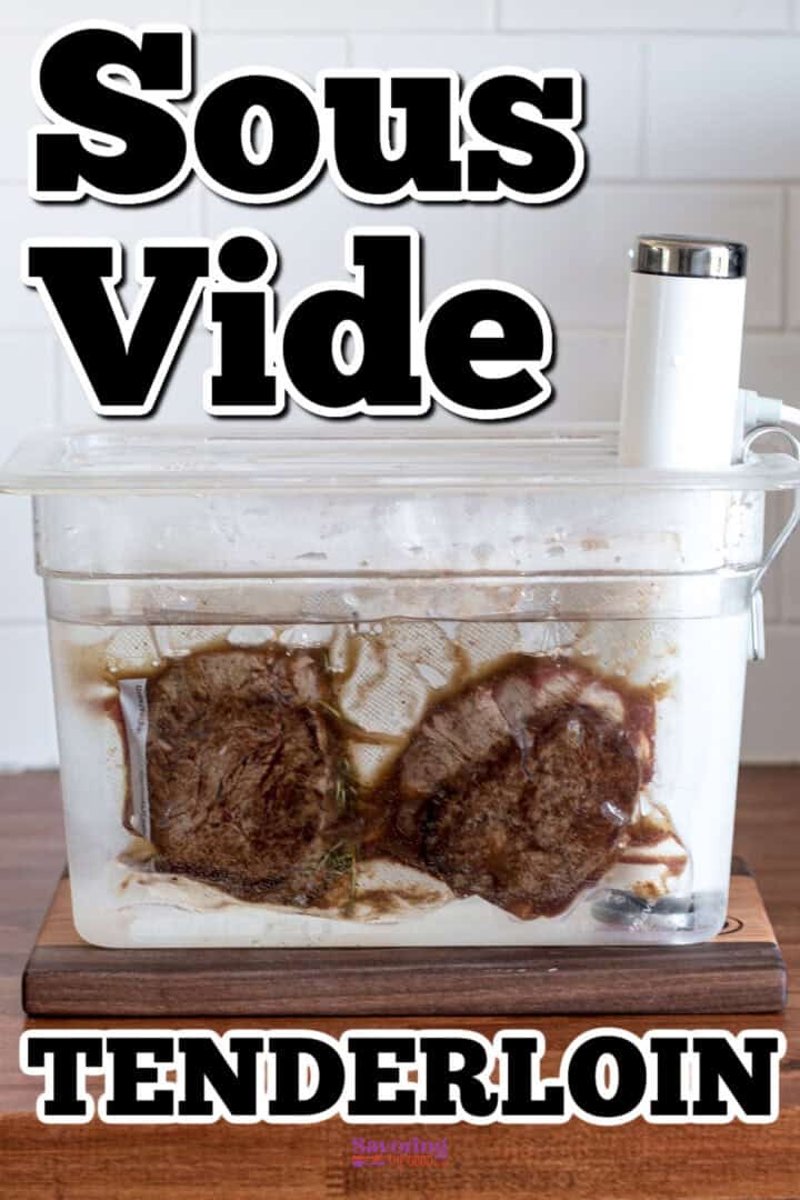 An immersion circulator in a water bath cooking beef tenderloin steaks using the sous vide method.
