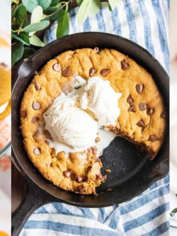 A three-image collage: Left, pumpkin whoopie pies on a plate; Center, a skillet chocolate chip cookie with ice cream; Right, a plate of snickerdoodle cookies. These seasonal treats are perfect for indulging your sweet tooth.