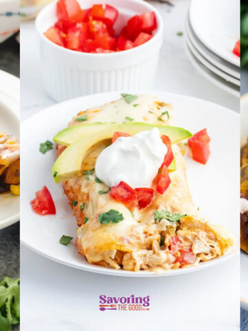 Three plates of enchiladas are shown, featuring various toppings like avocado slices, diced tomatoes, cilantro, melted cheese, and sour creamโthese Easy Enchilada Recipes will be the Hero of Dinner.