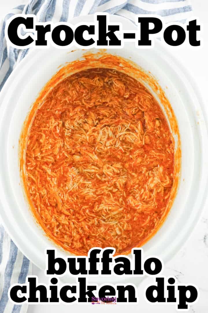 A Slow Cooker Buffalo Chicken Dip recipe is perfectly showcased in a Crock-Pot, set against a striped cloth background.