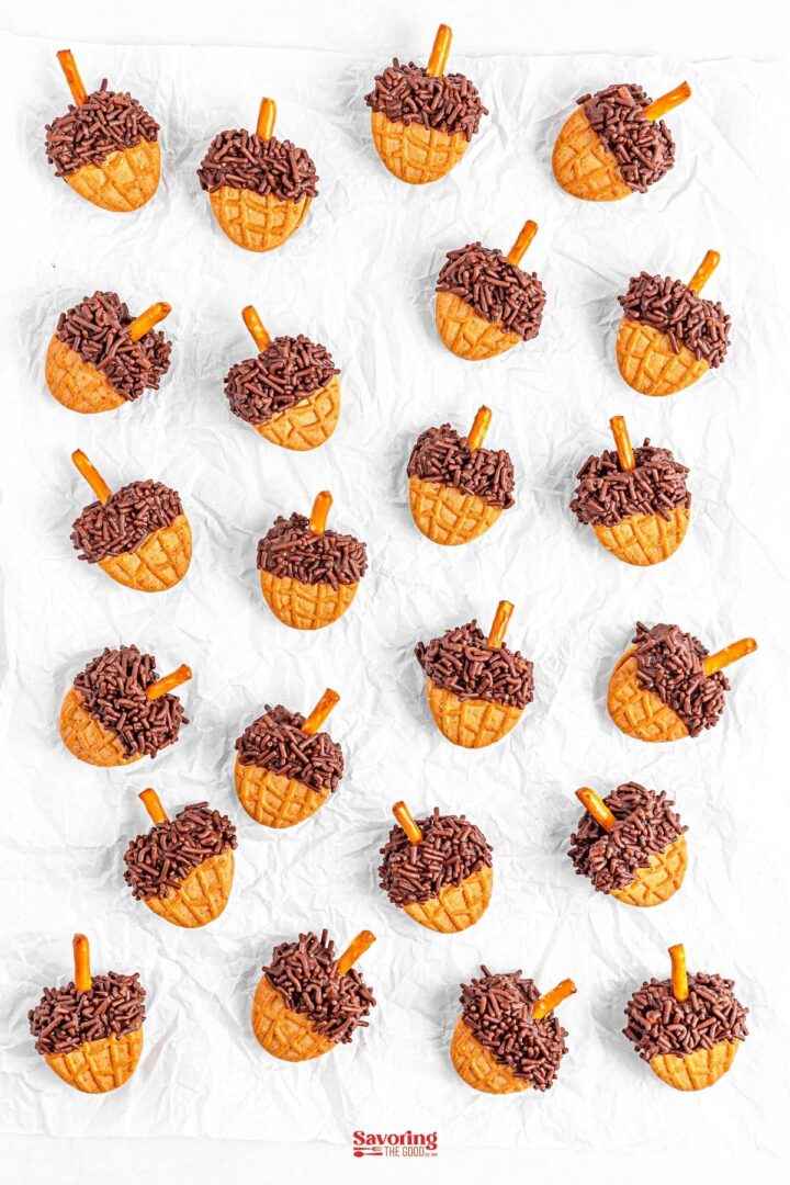 Acorn cookies are artfully arranged in a grid pattern, adorned with chocolate sprinkles and pretzel sticks as stems, set against a crumpled white paper background.