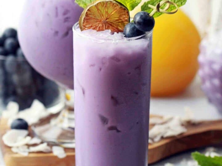 Two glasses of purple iced drinks garnished with blueberries, mint, and sliced lime, surrounded by scattered coconut flakes and a whole orange in the background.