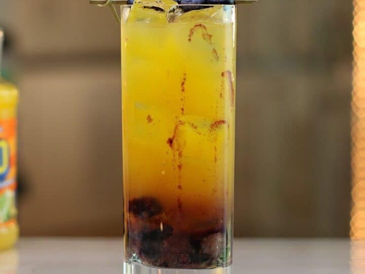 A tall glass of iced blueberry lemonade garnished with blueberries on a skewer.