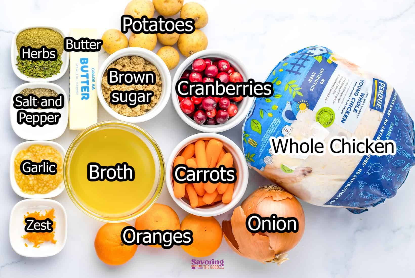 Top-down view of various labeled ingredients for a festive feast: potatoes, whole Christmas chicken, carrots, cranberries, onion, oranges, brown sugar, broth, garlic zest, salt and pepper, herbs, and butter.