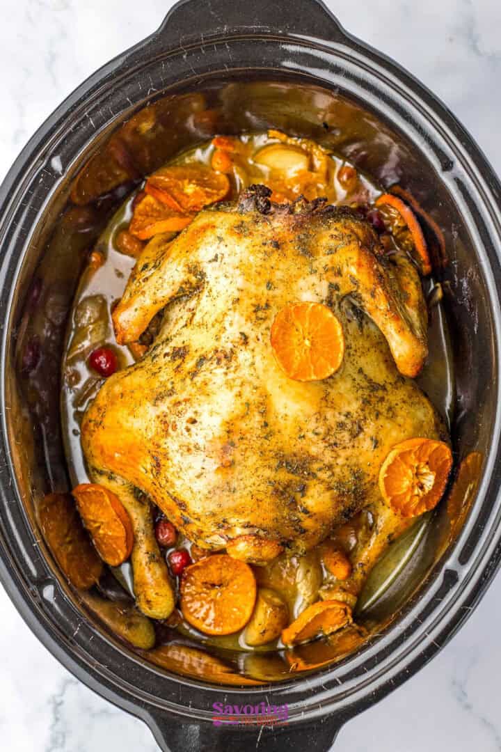 Slow-cooked Christmas chicken with orange slices, cranberries, and herbs.