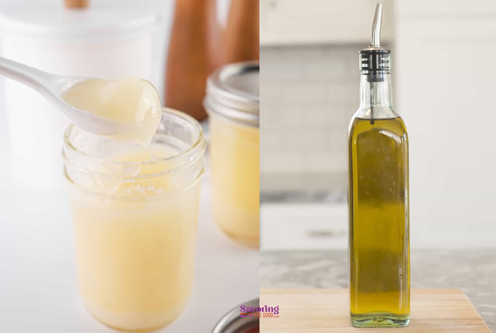 A spoon with beef tallow over a jar is on the left, and a bottle of olive oil with a pour spout is on the right.
