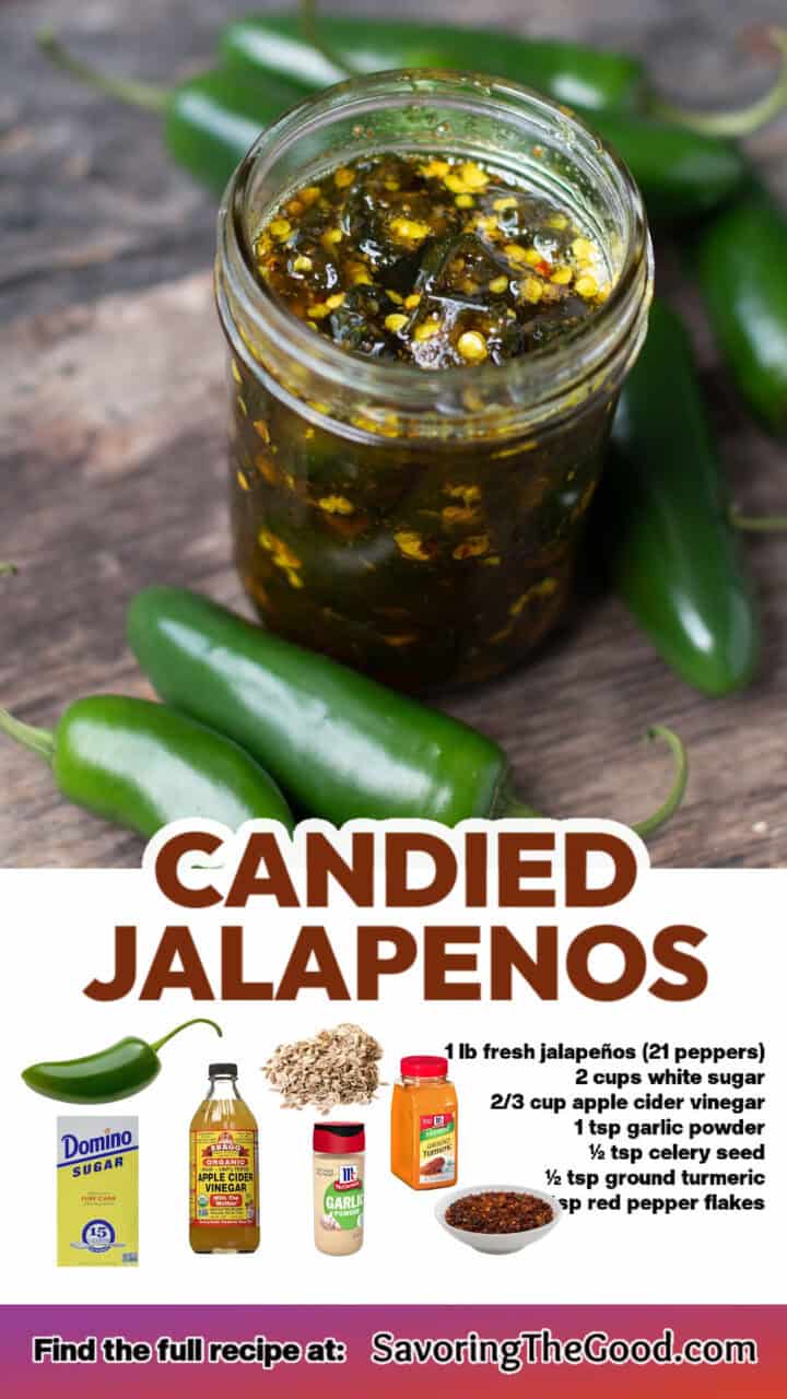 Jar of candied jalapenos surrounded by fresh jalapenos. Ingredients include garlic powder, celery seed, apple cider vinegar, turmeric, sugar, and red pepper flakes.