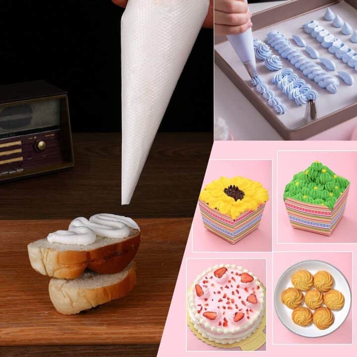 Baker piping cream on bread; various decorated pastries and cakes shown, featuring floral and swirl designs.